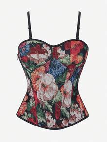 花卉印花紧身胸衣上衣，可调节肩带，塑身紧腰短款上衣，适合女士，适合派对和晚装 - 彩色 - 查看 1