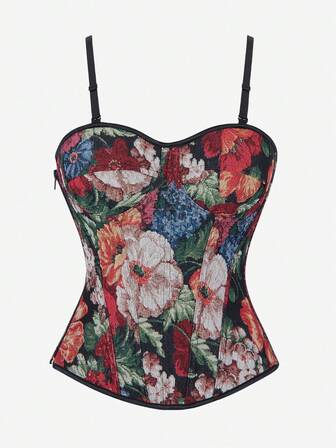 Floral Print Corset Bustier Top With Adjustable Strap, Body Shaper Tight Waist Crop Top For Women, Suitable For Party & Evening Wear