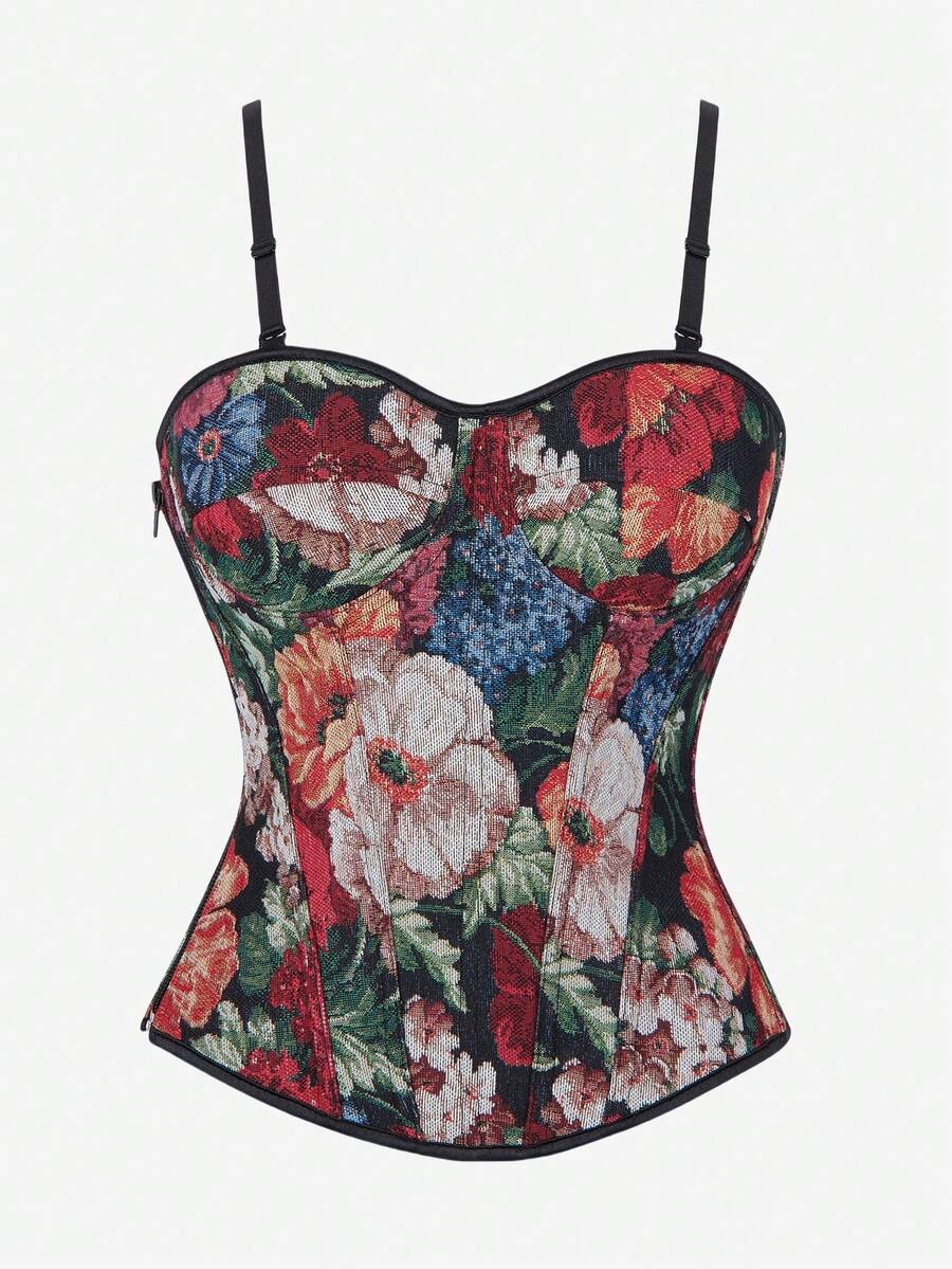 花卉印花紧身胸衣上衣，可调节肩带，塑身紧腰短款上衣，适合女士，适合派对和晚装 - 彩色 - 查看 1