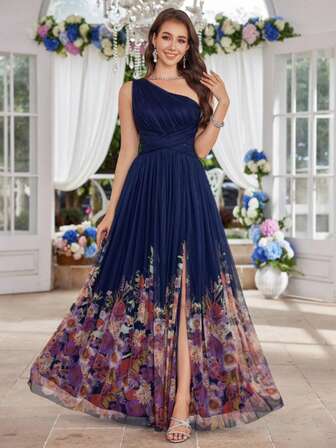 优雅浪漫黑色花卉网眼无袖渐变印花长开衩派对超长连衣裙，女士正式晚礼服