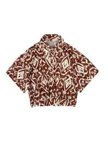Women's Fashionable Loose Fit Turndown Collar Printed Short Sleeve Shirt, Summer