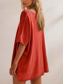 Women's Oversized T Shirts Casual Summer Crew Neck Loose Dropped Short Sleeve Side Slit Hem Blouse Tunic Tops - Đỏ - Xem 5