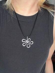 1 pièce Collier fleur creuse minimaliste en argent, pendentif floral unique en forme de fil sur cordon noir. Bijoux bohème chic pour femmes, parfait pour le port quotidien et les tenues décontractées