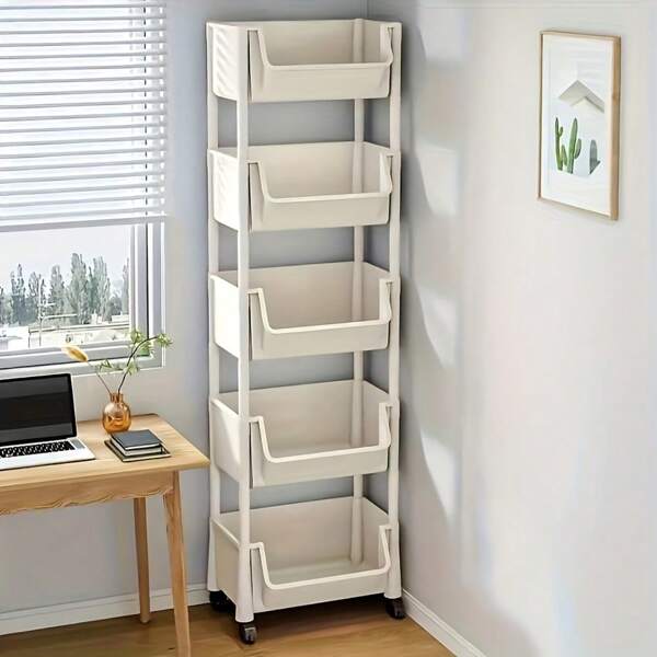 5-Layer Rolling Storage Cart With Wheels - Heavy-Duty Steel Frame And Plastic Shelves, 150 Lbs Capacity, Stable Brake Casters, Easy To Assemble Mobile Organizer, Suitable For Kitchen, Bathroom, Bedroom, Office, Children's Supplies, Books, Beauty Tools, Slim Rolling Storage Cart