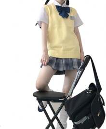 Blostirno Women's Sweater Vest JK Uniform Kint Vests Solid Classic Sleeveless Pullover Sweaters Tops - 黃色 - 查看 3