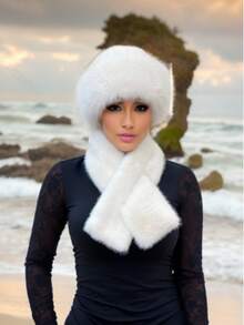 1 件欧美时尚休闲百搭蒙古帽，渔夫帽搭配人造毛皮围巾 - 彩色 - 查看 13