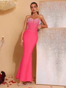 New Sexy Pink Strapless Pearl Beaded Decor Wedding Gown, Party Evening Dress - Hot Pink - View 4