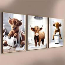 1/3 件套奇思妙想高地牛浴室海报 | 有趣的农场动物帆布艺术，Cottagecore 奶牛礼品，适合幽默爱好者的农舍墙壁装饰，无框架