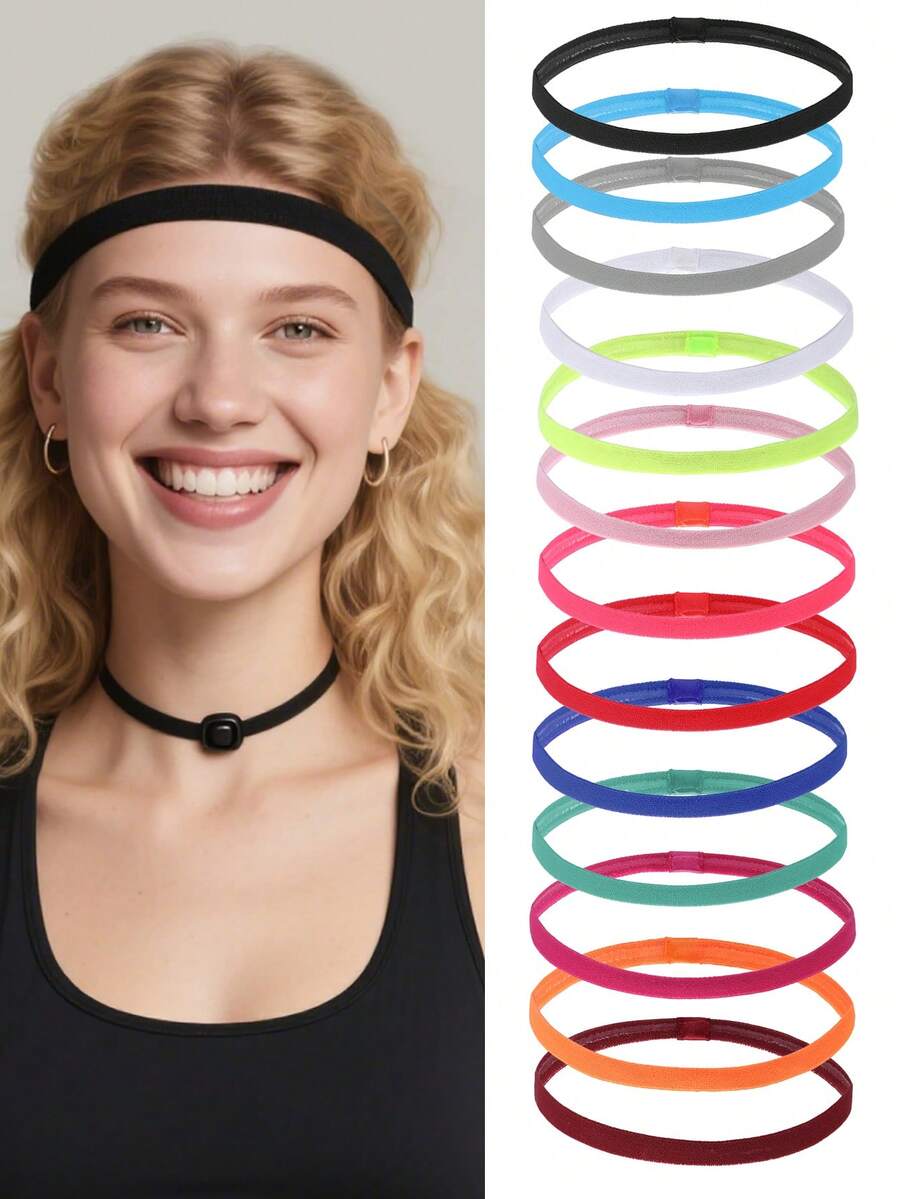 4 件装女士弹性细头带弹力细头带运动发带女士男士女孩男孩青少年黑色多色弹性运动头带厚防滑发带