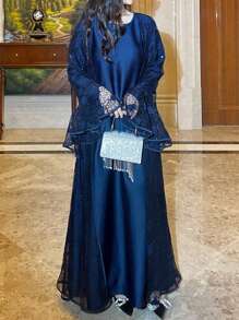 Modest Lace Abaya Sequin Lace Abaya With Inner Dress Two Pieces Abaya Set Occasion Dress - Navy Blue - View 3