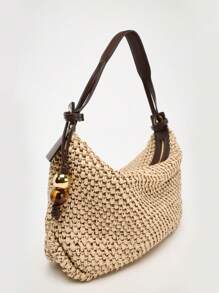 2025 New Summer Women Woven Decorative Charm Handbag, Tote Shoulder Bag, Large Capacity
