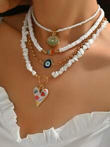 4 件套绿松石陶瓷串珠项链，时尚贝壳珍珠，猫头鹰，心形绿眼吊坠项链，适合日常佩戴和旅行 - 多色 - 查看 2