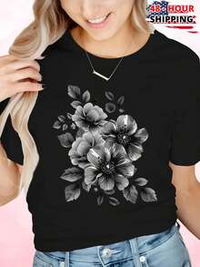 Black And White Flower Bouquet Drawing Womens T Shirt Casual Floral Print Graphic Tee Soft Stylish Gift  Fashion Summer - White - View 2