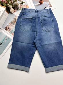 女式水洗口袋修身弹力牛仔骑行裤 - 中等水洗藍 - 查看 4