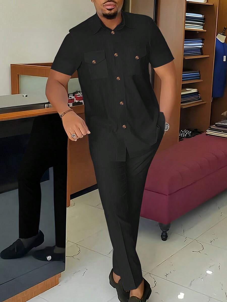 2pcs/Set Men's Dashiki, Solid Color Short Sleeve, Pocket, Classic Collar, Elastic Waist Pants, African Clothing, Men Summer Casual Short Sleeve Top And Long Pants 2 Pieces Set, Streetwear, Party, Wedding, Daily Wear, Cultural Events, Traditional Ceremonies - 黑色 - 查看 1