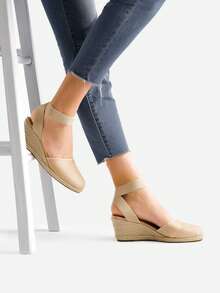 Women's Elastic Ankle Strap Espadrilles Wedge Sandals - Apricot - View 10