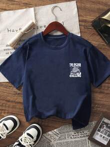 1 pieza Camiseta de manga corta con estampado de tortuga para niño preadolescente, top de verano para prepararse a jugar junto al mar - Azul Marino - Ver 4