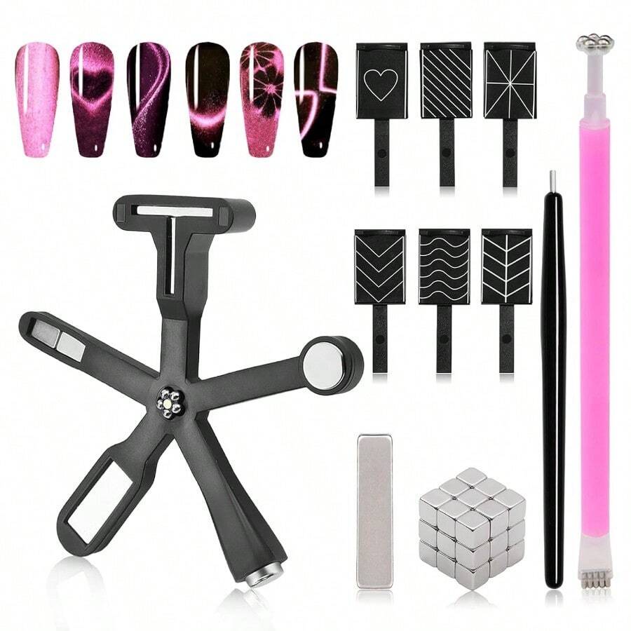 37 PCS Cat Eye Magnet Set 6 In 1 Nail Polish Magnets For Nail Polish Gel Hearts Flowers Magnets For Nails Nail Art DIY Design Supplies For Home SalonW10 - Black - View 1