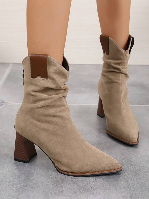 1 Pair Women's Fashion Comfy Zipper Back Stacked Heel Ankle Boots, Pointed Toe Vintage Suede Party Shoes