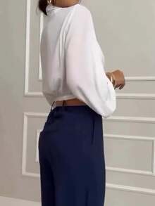 Women's Fashionable Elegant Long Sleeve Versatile Blouse Top, Solid Color Polyester, Spring/Summer - White - View 3