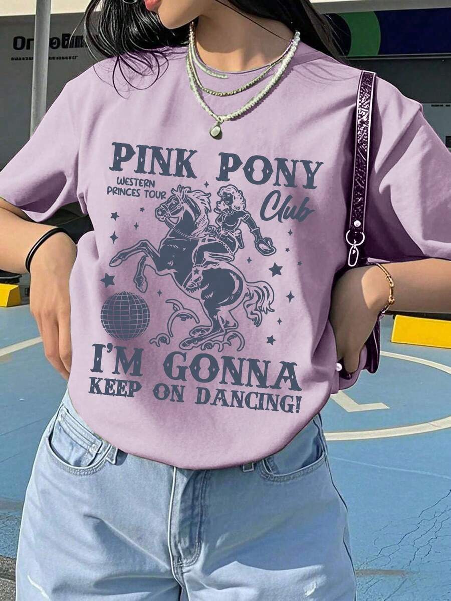 少女T恤超大号粉色小马俱乐部马复古柔软舒适休闲装