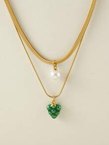 1 件不锈钢双层蛇骨项链，带树脂仿珍珠和水果吊饰（草莓、西瓜、樱桃），非常适合夏季郊游、海滩、情人节礼物和日常佩戴，适合所有场合