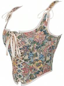 Womens Vintage 1920s Renaissance Lace Trim Corset Bustier, Retro Fashion - 奶油色蝴蝶結 - 查看 3
