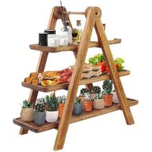 1 件木制三层托盘木质纸杯蛋糕架长方形托盘食物展示托盘适用于派对、生日、婚礼 - 棕色 - 查看 2