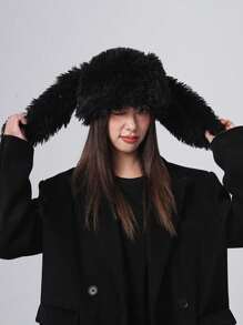 1pc New Sweet & Cute Soft Plush Long Ear Rabbit Ear Protection Hat, Warm Outdoor Lei Feng Hat, Solid Color Casual Polyester Embroidered