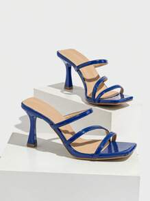 Women's Crystal Decor Peep Toe Mules Chunky High Heel Sandals, Fashionable & Comfortable For Daily Wear, Outdoor, Party, Summer, Blue