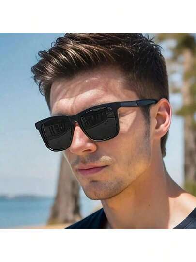 1 Pair Of Fashionable Men's Sunglasses, Large Frame Black Sports Sunglasses, European And American Design, Beach Accessories, Street Style Sunglasses That Match Sweaters, Jackets, Hoodies, Trousers And Cargo Pants For Summer, Beach, Outdoor Travel