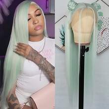 13x4 Free Part Mint Green Long Straight Lace Front Wigs Glueless Long Silky Straight Wigs Pre Plucked HD Lace 180% Density Light Green Wig Soft Free Part Wear And Go Lace Front Wigs For Fashion Women Party & Daily Wear 26 Inch - Mint Green - View 2