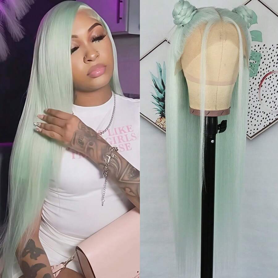 13x4 Free Part Mint Green Long Straight Lace Front Wigs Glueless Long Silky Straight Wigs Pre Plucked HD Lace 180% Density Light Green Wig Soft Free Part Wear And Go Lace Front Wigs For Fashion Women Party & Daily Wear 26 Inch