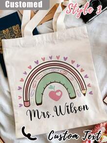 1Pc Custom Teacher Appreciation Tote Bag - Personalized Canvas Beach & Shopping Bag With Monogrammed Name, Personalised Teacher Bag - Custom Rainbow Tote With Floral Design, Large Capacity, Buckle Closure - Ideal Thank You Gift For TA, School Leaver, Or Teaching Assistant, School Bag|Floral Tote Bag - Multicolor - View 4
