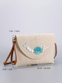 贝壳和美人鱼尾巴草编包，女士夏季沙滩斜挎包，航海风格设计，优雅的度假、节假日和日常外出必备包，旅行友好配件