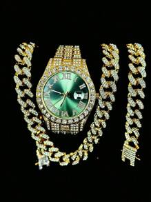Set de joyería de 3 piezas estilo europeo y americano hip-hop con diamantes completos, reloj, collar y pulsera con rhinestones, correa de metal y calendario, regalo para estudiantes hombres y mujeres