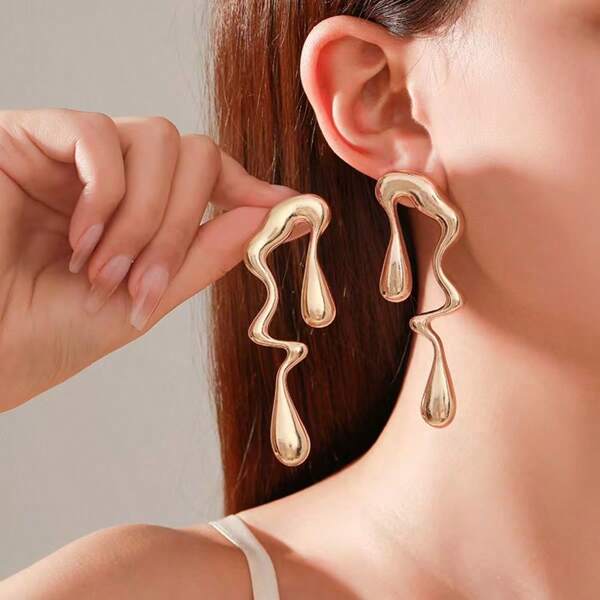 1 Pair Asymmetrical Liquid Teardrop Stud Earrings, Geometric Earrings, Fashion Accessories