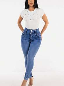 Butt Lift Super High Waist Skinny Jeans W Back Pocket Design - Multicolor - View 2
