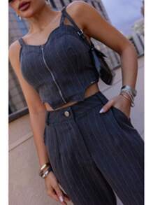conjunto chervrom  Simples    Casual  elegante    Zíper  Bolso    Praia