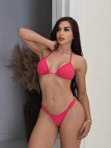 Sexy Tanning Bikini With Adjustable Thin Strap And Thong - 粉紅玫瑰 - 查看 2