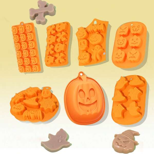 1 pezzo Stampo in silicone a tema Ognissanti per torte, cioccolata e cubetti di ghiaccio - a forma di zucca, teschio, fantasma, pipistrello e strega, accessorio da forno/utensile da cucina per Ognissanti