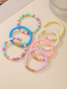 7pcs Stylish Soft Clay & Faux Pearl CCB Heart Design Layered Beaded Bracelet Set, Suitable For Women Daily Wear, Beach, Party, Gift