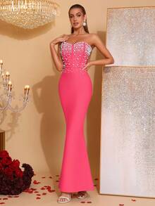 New Sexy Pink Strapless Pearl Beaded Decor Wedding Gown, Party Evening Dress - Hot Pink - View 3