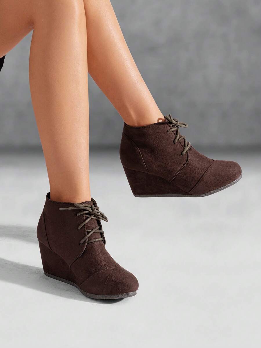 Women's Wedge Boots Casual Fashion Lace Up Low Heel Ankle Booties Shoes - 棕色 - 查看 1