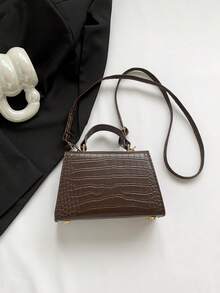 Fashionable Mini Metallic Alligator Pattern Crossbody & Handbag With Flip Lock Twist Closure - Coffee Brown - View 7