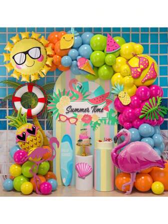 124 件套夏威夷主题铝箔气球套装，菠萝、火烈鸟户外派对气球拱门装饰，生日派对，主题派对