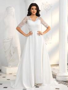 女士新娘婚纱，蕾丝短袖V领缎面及地优雅长裙，正式晚宴礼服，情人节白色春季款 - 白色 - 查看 4