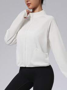 Women's Stand Collar Sports Jacket With Pockets, Everyday Casual Zipped Windbreaker For Running, Workout, Yoga - White - View 5