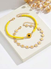 2pcs/Set Summer Beach Handmade Beaded Daisy Flower Anklet, Bohemian Style Colorful Flower Layered Anklet Set For Women, Suitable For Daily Vacation Wear