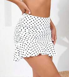 Halcurt Women's High Waisted Ruched Ruffle Swim Skirt With Shorts Tummy Control Tankini Swim Skort Bikini Swimsuit Bottoms - White/Polka Dot - View 3